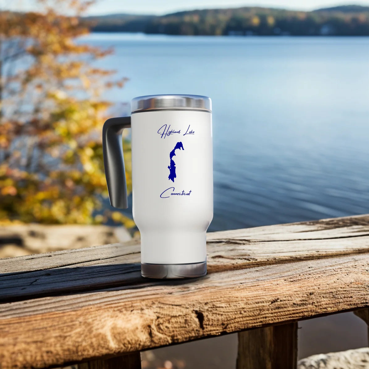 lifestyle image of Highland Lake Connecticut Travel Mug