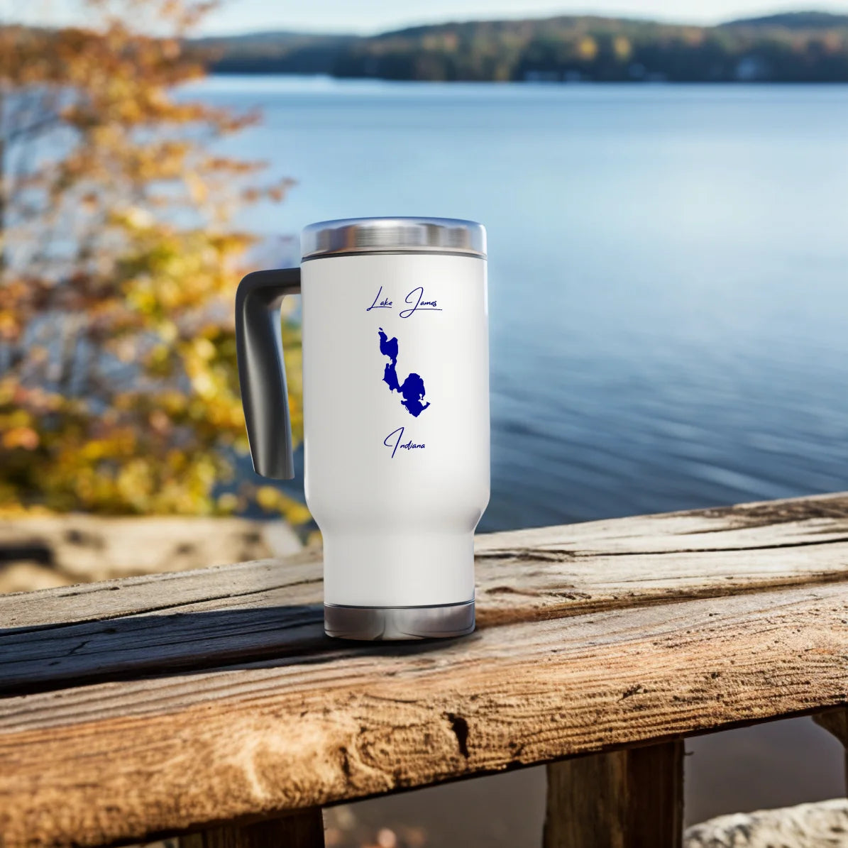 lifestyle image of Lake James Indiana Travel Mug