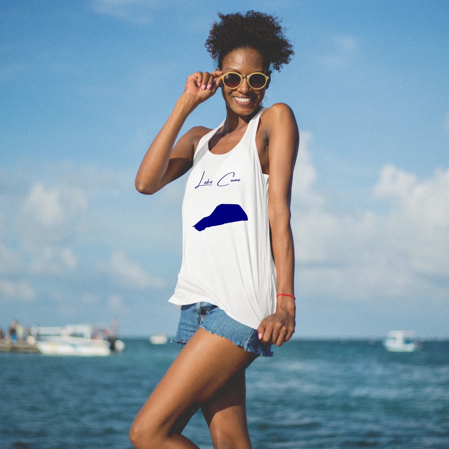 lifestyle image of Lake Como New Jersey Racerback-Tank